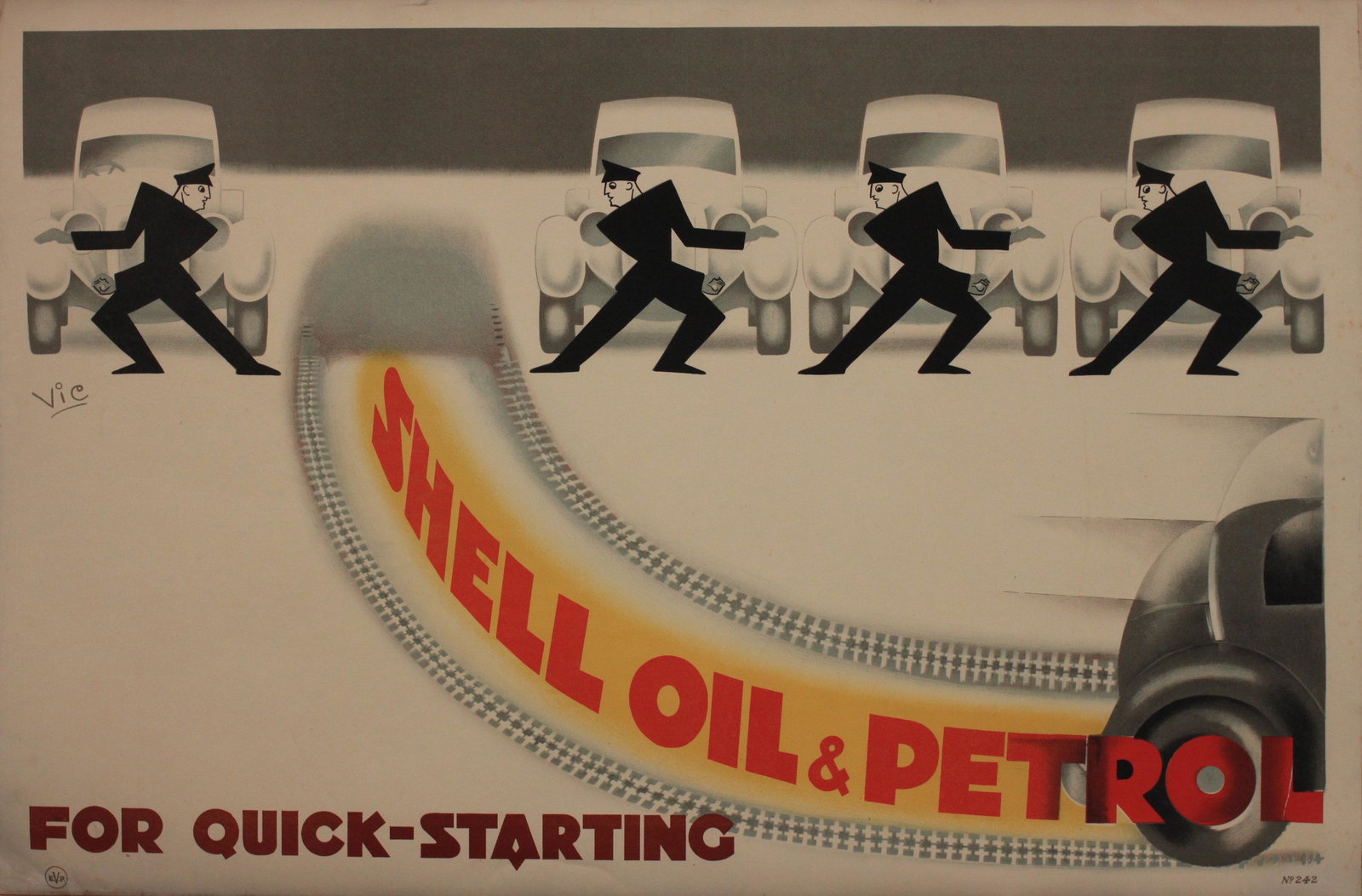 Vic ( possibly Victor Vasarely 1906-1997) Cars and: Vic ( possibly Victor Vasarely 1906-1997) Cars and Chauffeurs Shell Oil & Petrol For Quick Starting, original poster No 242 printed for Shell by Establishment Vercasson Paris 1930 - 76 x 114 cm