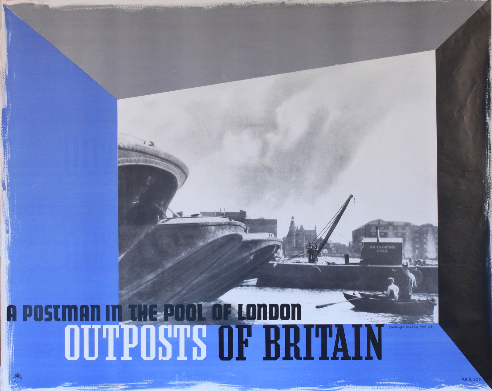 E McKnight Kauffer (Edward 1890-1954) Outposts of: E McKnight Kauffer (Edward 1890-1954) Outposts of Britain A Postman in the Pool of London, GPO poster PRD 204 1937 - 102 x 127 cm