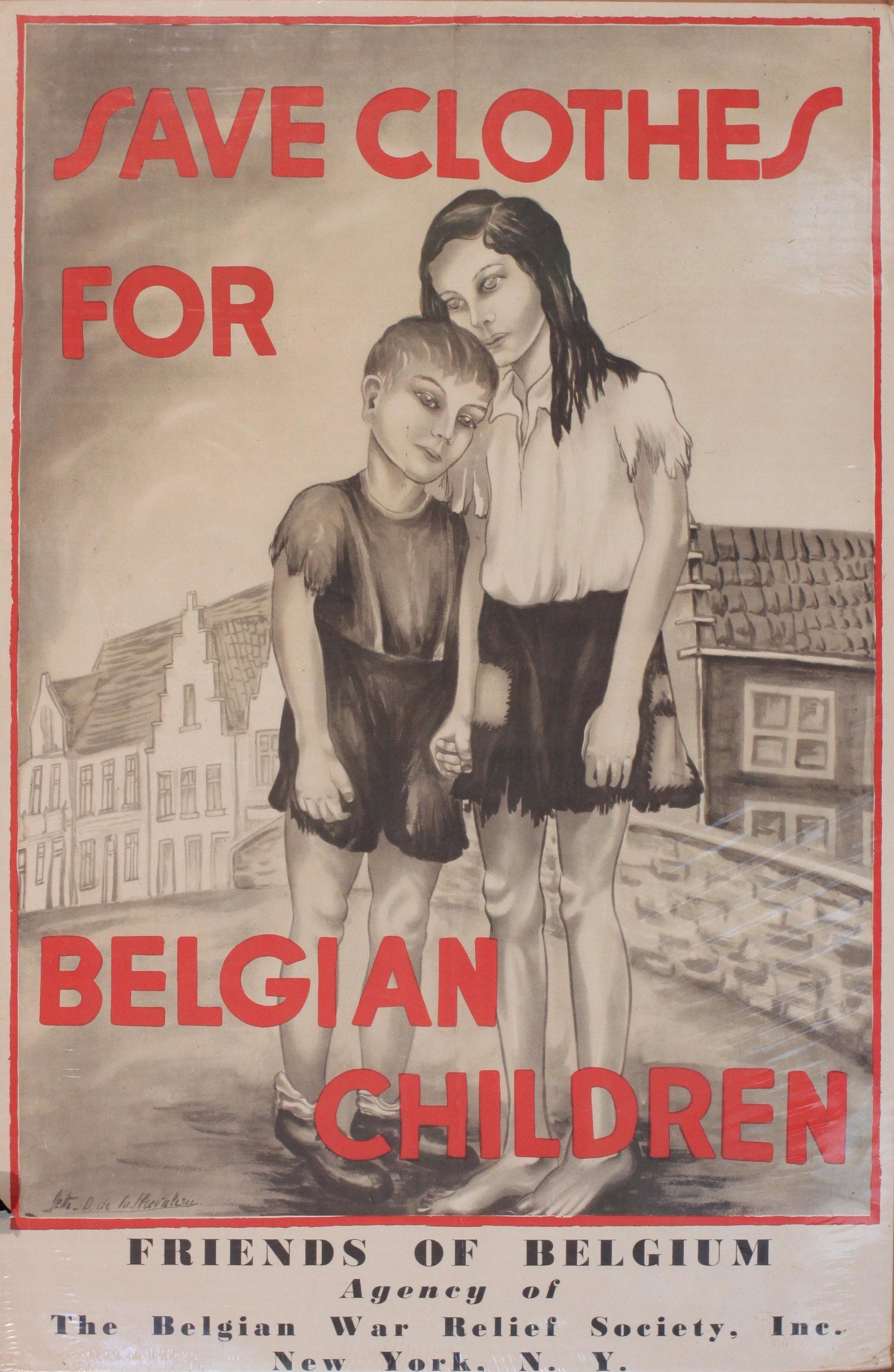 Yette D. De la Chevalerie Save Clothes for Belgian: Yette D. De la Chevalerie Save Clothes for Belgian children, original WW1 poster printed for the Belgian War Relief Society New York c. 1917 - 74 x 48 cm