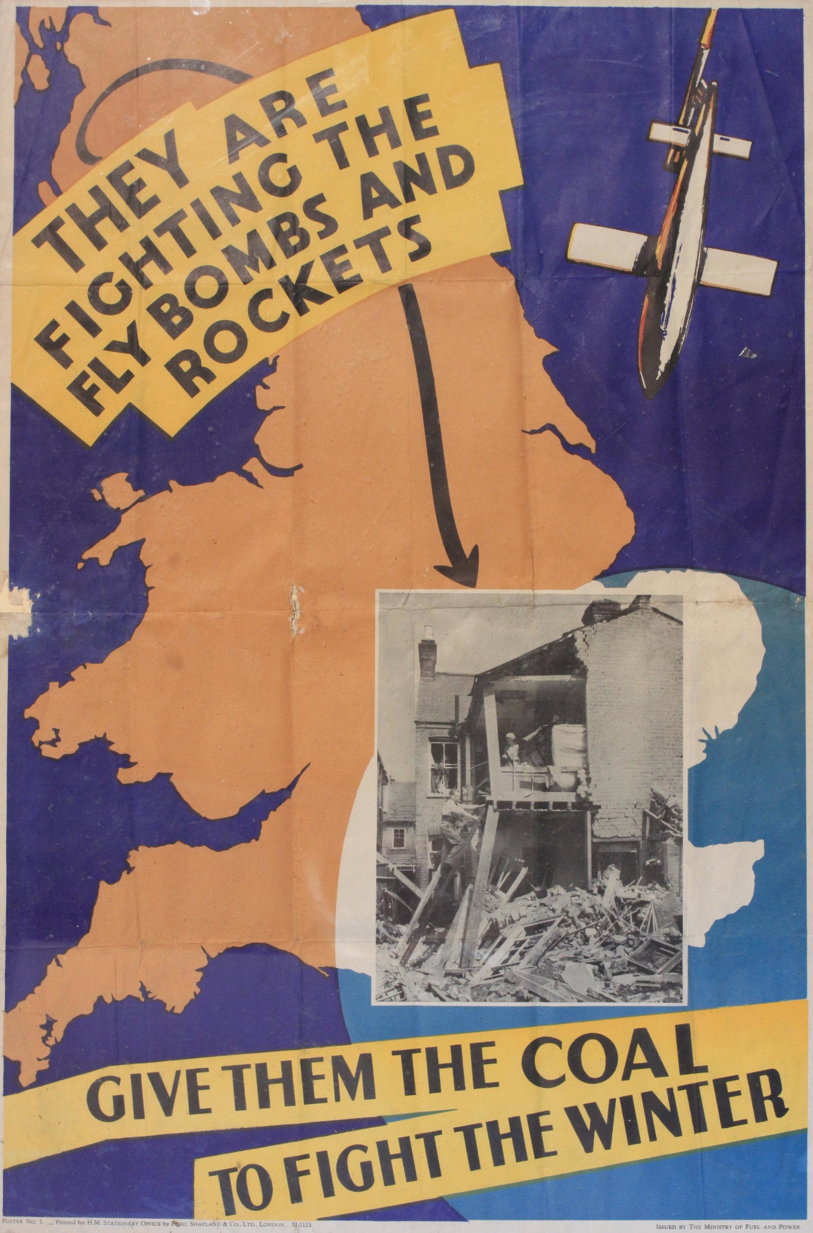 Anon They are fighting the fly bombs (V1 Doolebug) and: Anon They are fighting the fly bombs (V1 Doolebug) and rockets, original WW2 poster No 1 printed for the HMSO Ministry of Fuel and Power by Ford Shapland c.1944 - 76 x 51 cm