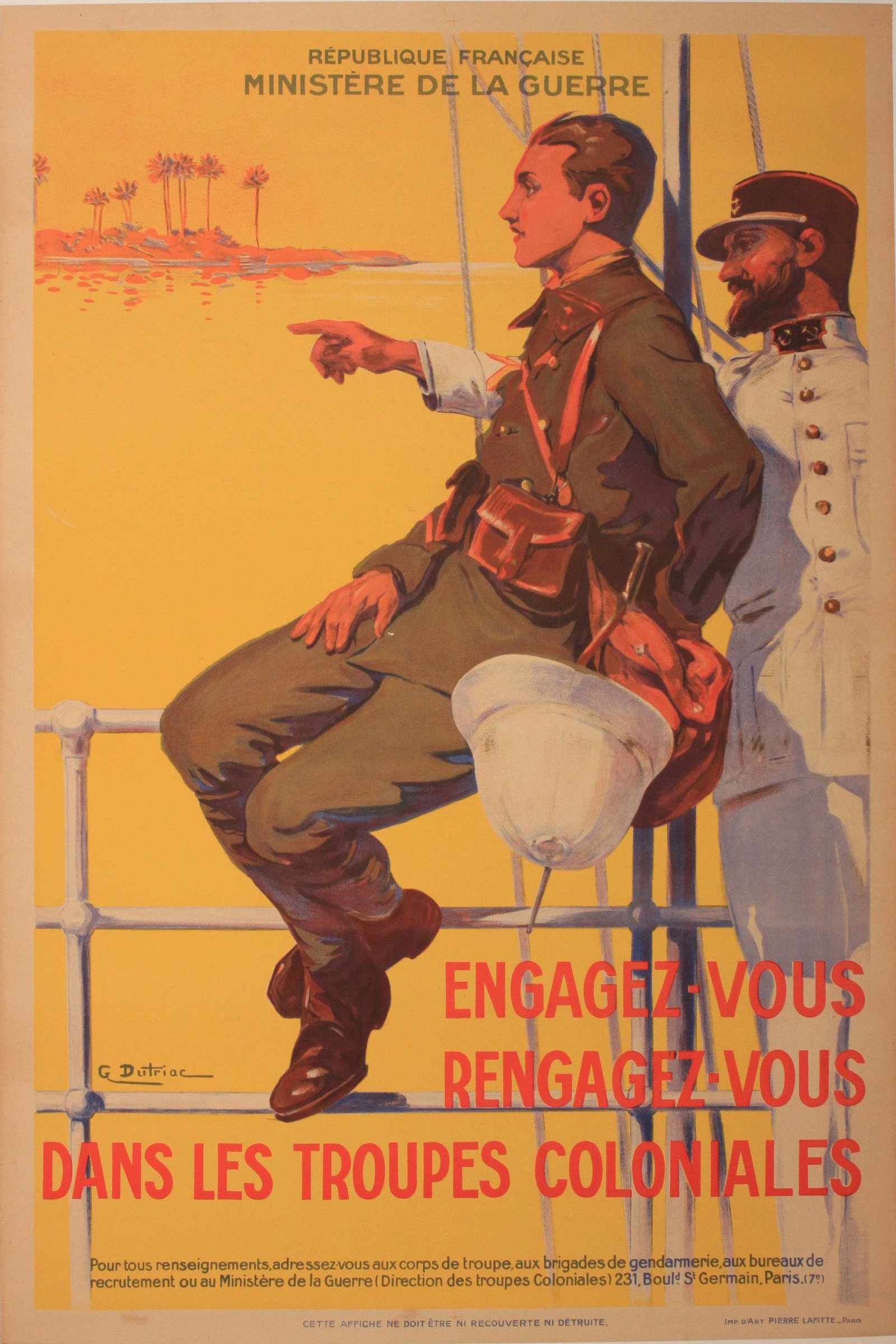 G Dutriac (Georges 1866-1958) Engagez-vous dans les: G Dutriac (Georges 1866-1958) Engagez-vous dans les Troupes Coloniales, original poster printed Pierre Lafitte Paris c.1935 - 120 x 81 cm