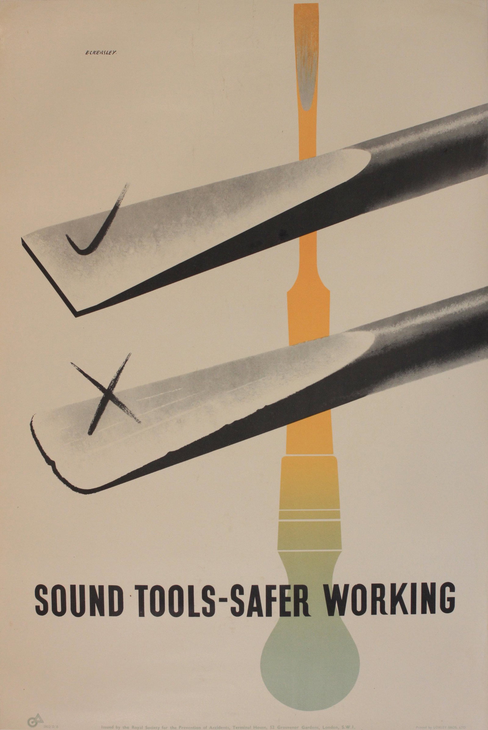 Tom Eckersley (1914-1997) Sound tools - Safer working,: Tom Eckersley (1914-1997) Sound tools - Safer working, original poster printed for the Royal Society for the Prevention of Accidents by Loxley Bros. c.1944 - 76 x 51 cm