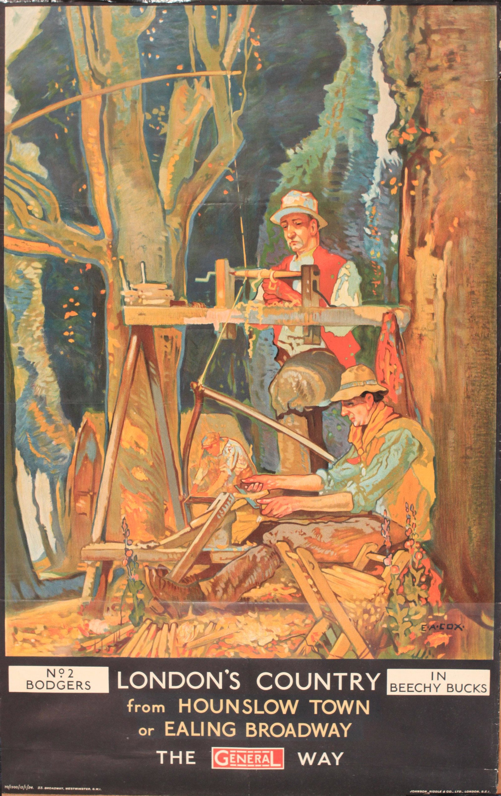 E A Cox (1876-1955) London’s Country No 2 Bodgers: E A Cox (1876-1955) London’s Country No 2 Bodgers in Beechy Bucks, original poster printed for General by Johnstone Riddle 1924 - 102 x 64 cm