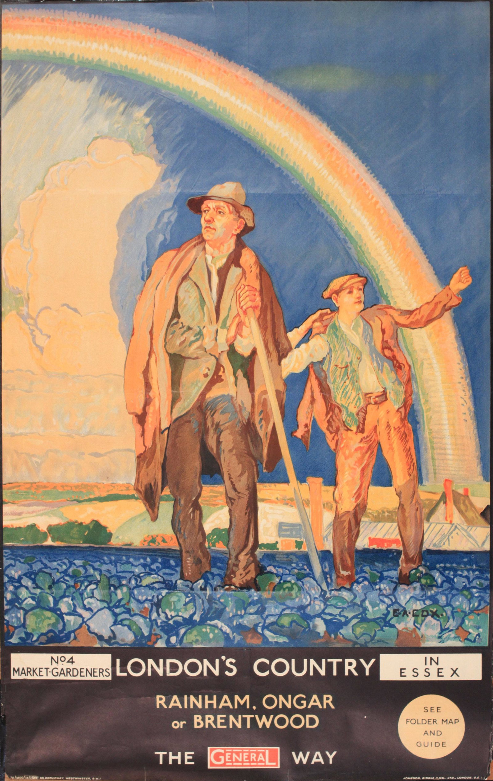E A Cox (1876-1955) London’s Country No 4: E A Cox (1876-1955) London’s Country No 4 Market-Gardeners in Essex, original poster printed for General by Johnstone Riddle 1924 - 102 x 64 cm