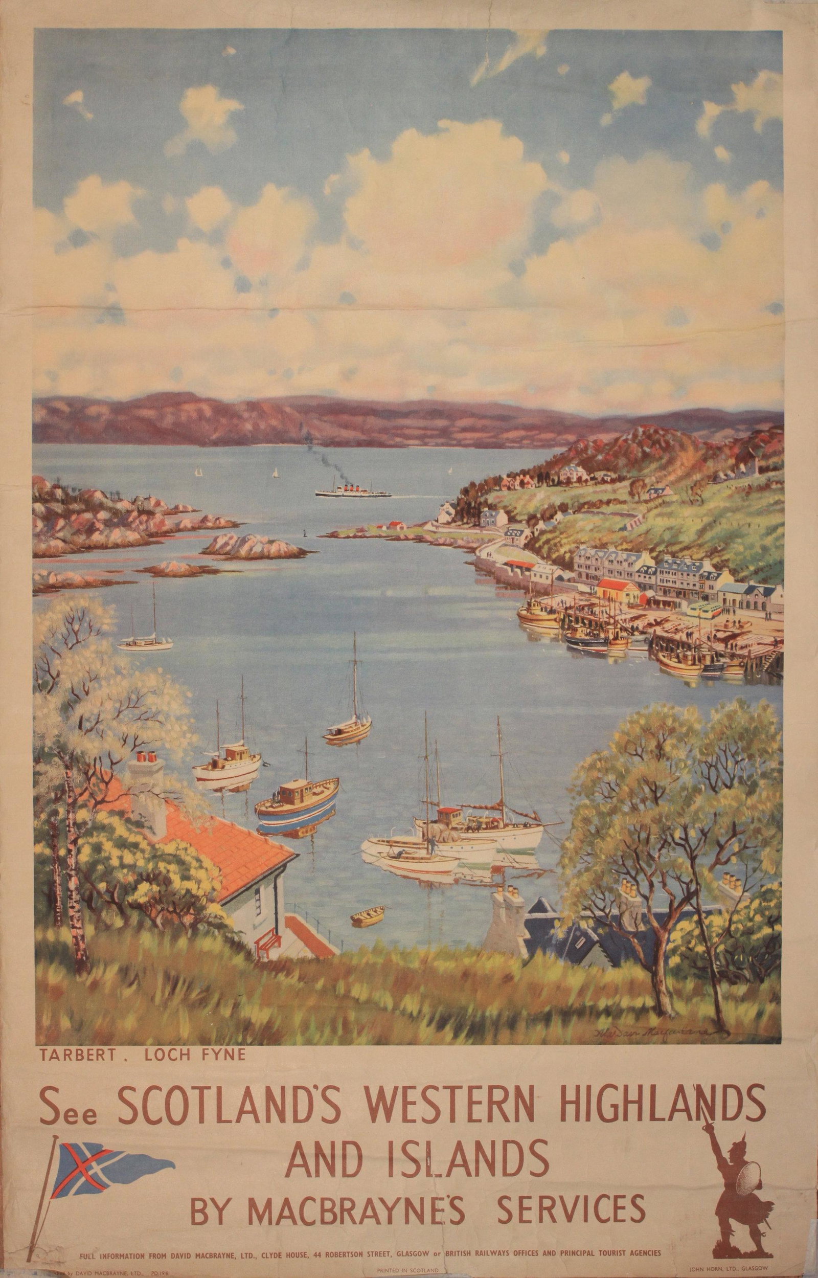 Alisdair Macfarlane Tarbert Loch Fyne, McBrayne’s: Alisdair Macfarlane Tarbert Loch Fyne, McBrayne’s Services, original poster printed for David McBrayne by John Horn c. 1950 - 100 x 63 cm
