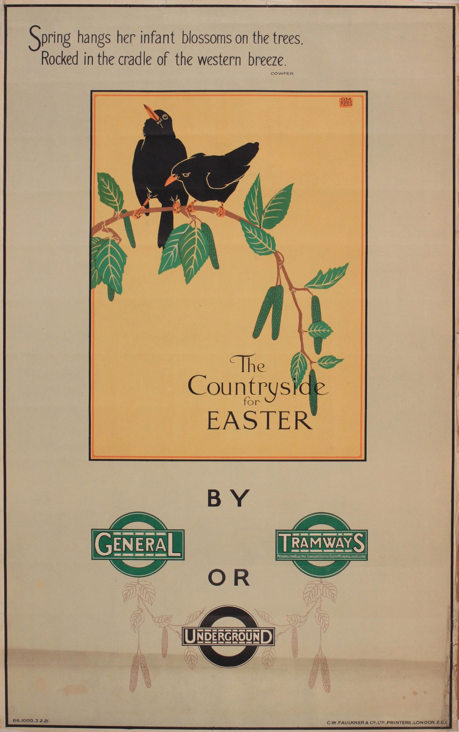 G M Rees (Gladys Mary 1898-1965) The Countyside for: G M Rees (Gladys Mary 1898-1965) The Countyside for Easter, original poster printed for Underground Electric Railway by C W Faulkner 1921 - 102 x 63 cm