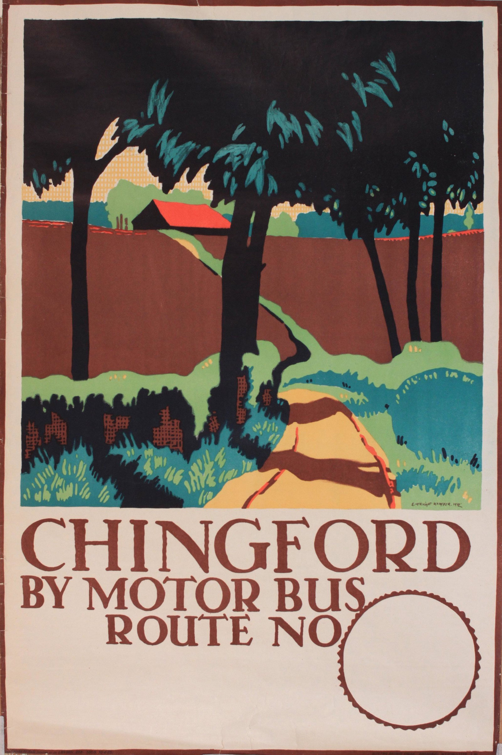 E McKnight Kauffer (1890-1954) Chingford by Motor Bus,: E McKnight Kauffer (1890-1954) Chingford by Motor Bus, original poster printed Underground Electric Railways by Dangerfield 1920 -76 x 51 cm