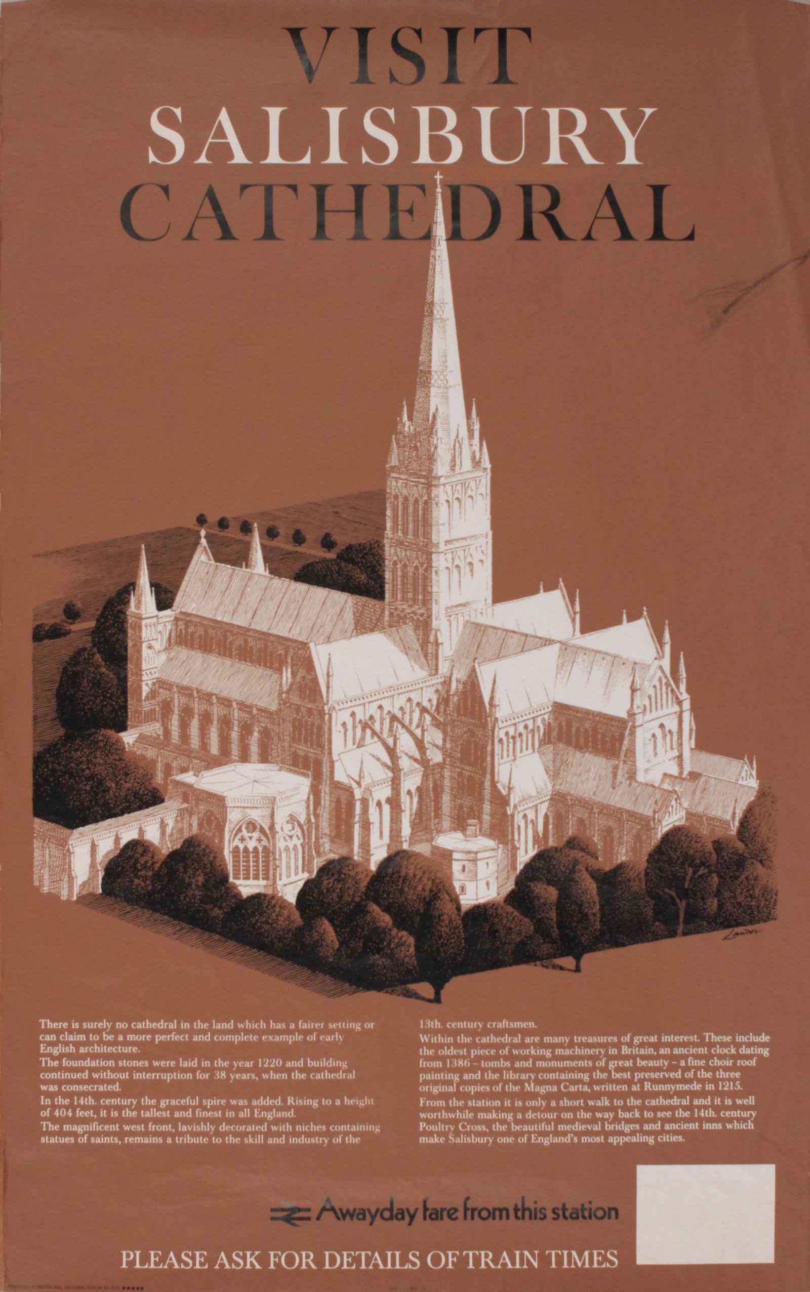 Lander (Reginald 1913-1982) Visit Salisbury Cathedral,: Lander (Reginald 1913-1982) Visit Salisbury Cathedral, original poster printed for BR(SR) 1974 - 102 x 63 cm