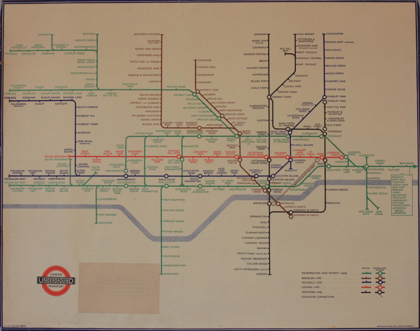 H C Beck (1902-1974) Underground London Transport Map: H C Beck (1902-1974) Underground London Transport Map of the System, original poster printed for LT by Waterlow March 1945 - 58 x 73.5 cm