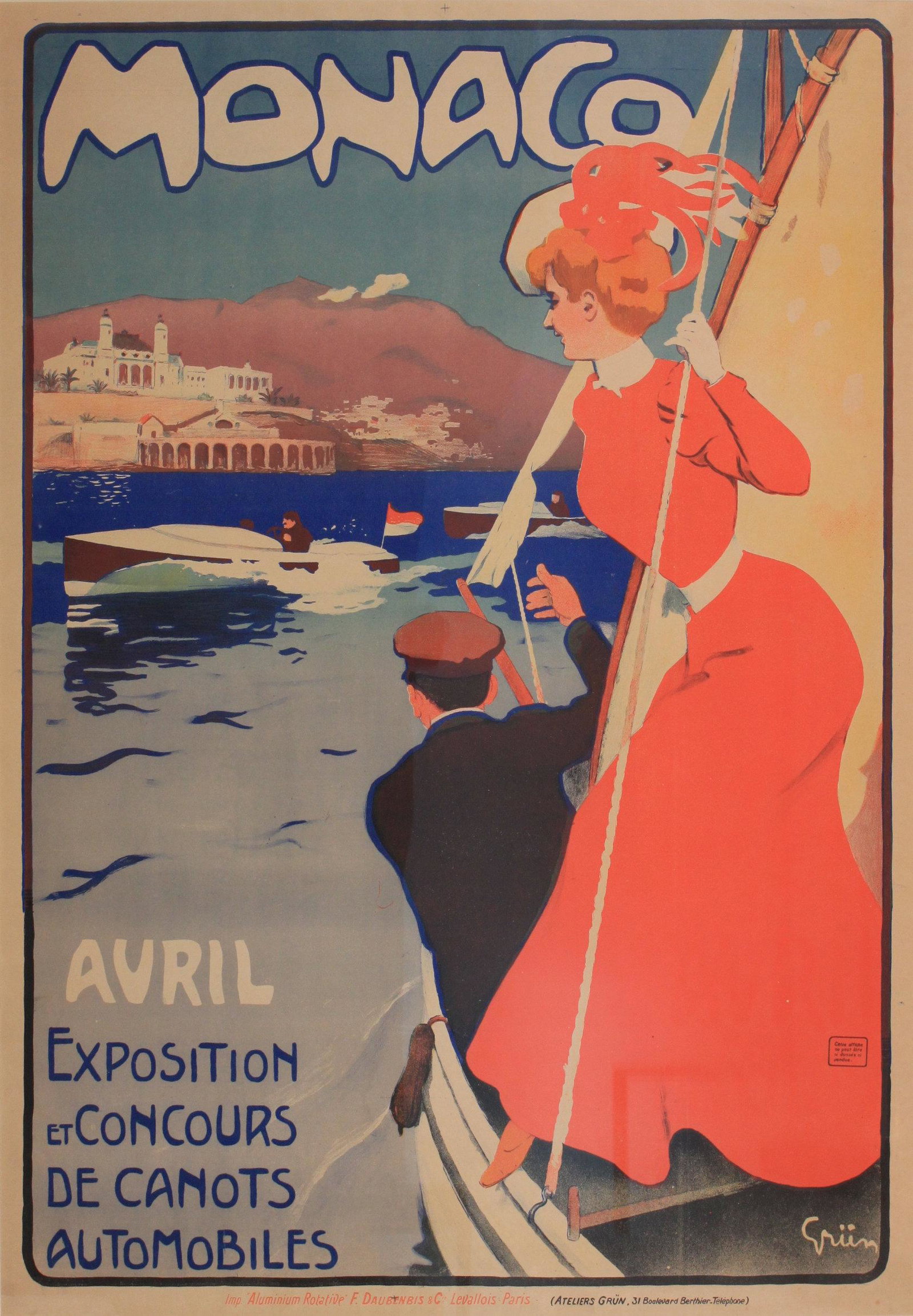 Jules-Alexandre Grün (1868-1938) Monaco, Avril: Jules-Alexandre Grün (1868-1938) Monaco, Avril Exposition et Concours de Canots Automobiles, original poster printed by Ateliers Grün Imp. Aluminium Rotative, F. Daubenbis & Cie, Paris 1905 - 125 x 