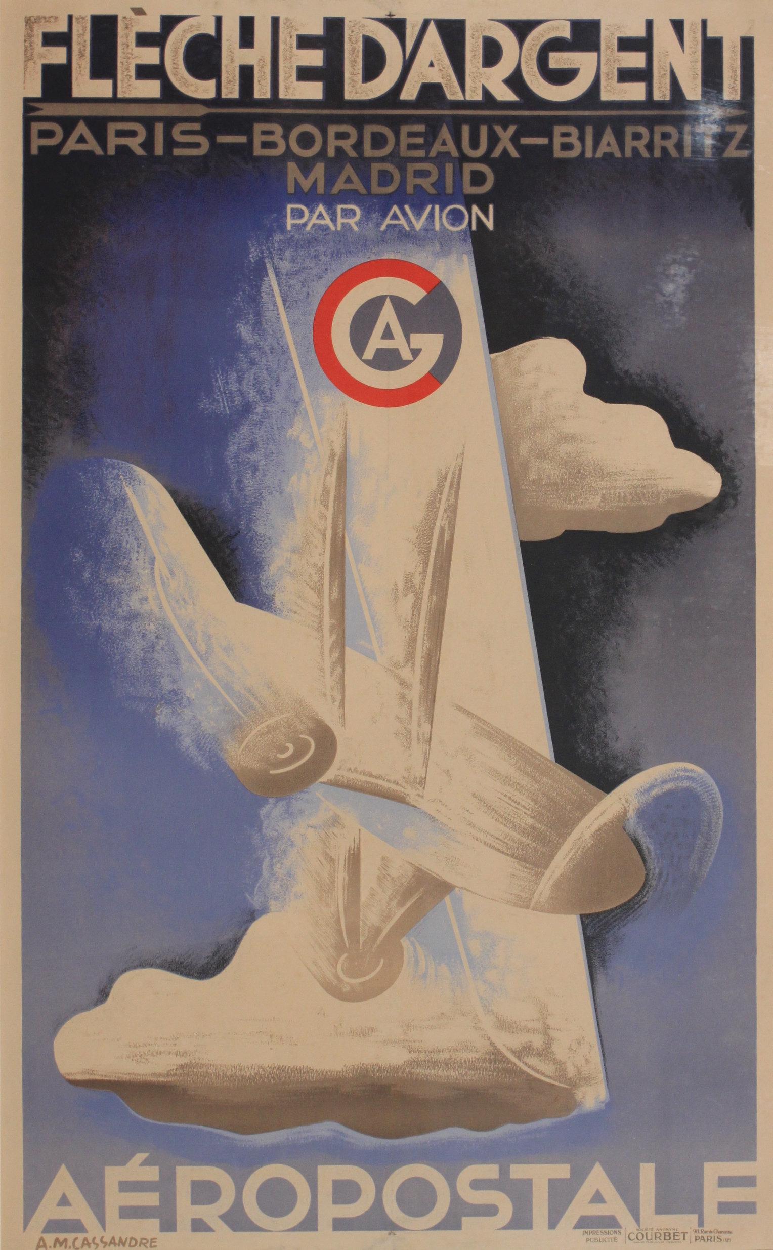 A M Cassandre (Adolphe Mouron 1901-1968) Fleche: A M Cassandre (Adolphe Mouron 1901-1968) Fleche d'Argent, Paris-Bordeaux-Biarritz Aeropostale, original poster printed by Impressions Publicite Societe Anonyme Corbet 1929 - 102 x 76 cm
