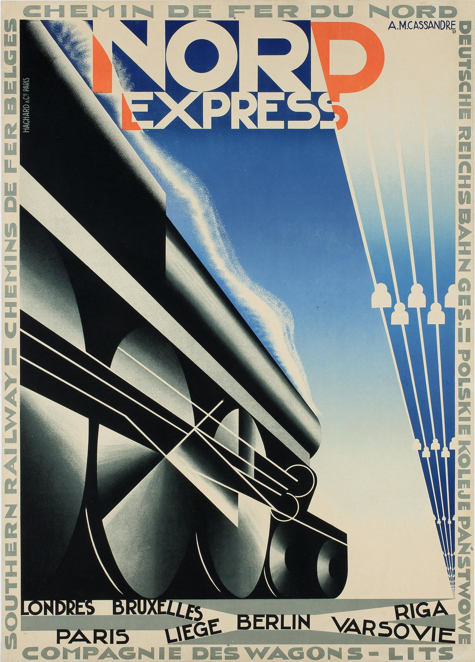 A M Cassandre (Adolphe Mouron 1901-1968) Nord Express,: A M Cassandre (Adolphe Mouron 1901-1968) Nord Express, original poster printed by Hachard & Cie, Paris 1927 - 106 x 75 cm