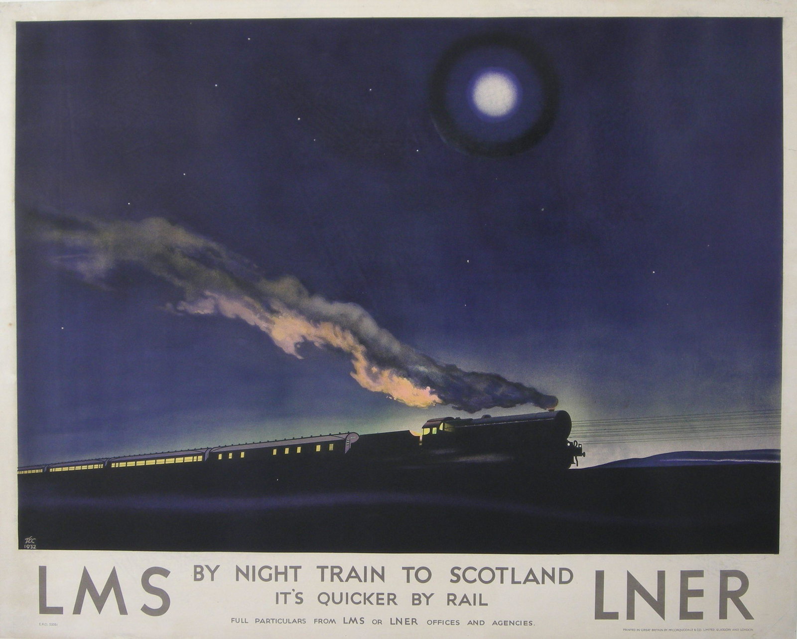 Philip Zec (1900-1983) By Night Train to Scotland,: Philip Zec (1900-1983) By Night Train to Scotland, original poster printed for the LMS LNER by McCorquodale & Co. Ltd, Glasgow 1932 - 102 x 127 cm