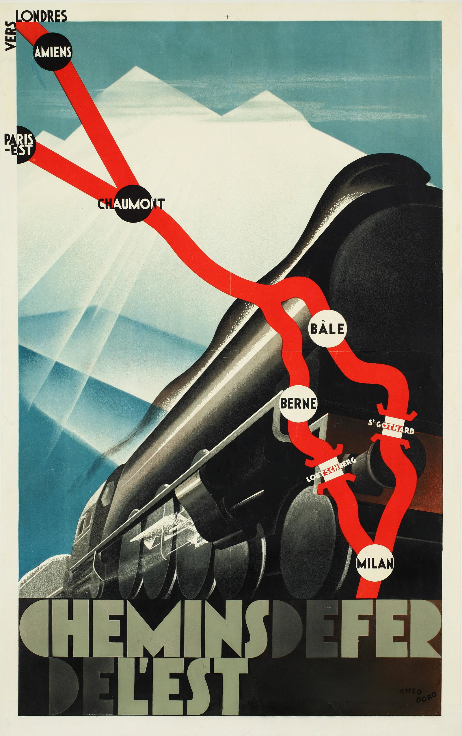 Theo Doro (Théodore Pfeifer 1896-1973) Chemins de: Theo Doro (Théodore Pfeifer 1896-1973) Chemins de Fer de L’Est, original poster printed by C. Courtois, Imp. Editions, Printed in France, 1929 1929 - 100 x 63 cm