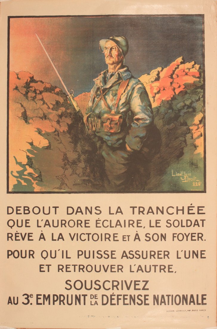 Jean Droit (1884-1961 )Lieutt. Jean Droit 226-e, Debout: Jean Droit (1884-1961 )Lieutt. Jean Droit 226-e, Debout dans la tranchee, original WW1 poster printed by Devambez Paris c.1916 - 118 x 78 cm From a recently discovered collection of French and US WW1 