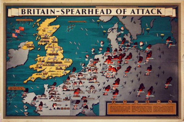 F Donald Blake (1908-?) Britain-Spearhead of Attack: F Donald Blake (1908-?) Britain-Spearhead of Attack, pictorial map, original poster printed by Alf Cooke -51 x 76 cm, and Stay put this Whitsun, original poster No 557 printed for BR Railway Executive