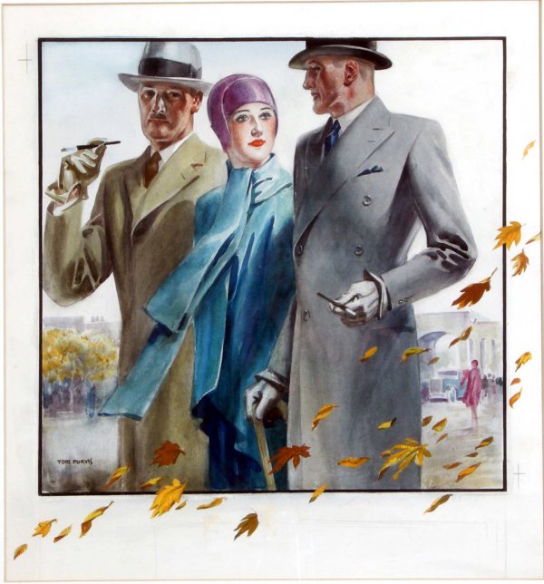 Tom Purvis (1888-1959) Autumn in London, gentlemen: Tom Purvis (1888-1959) Autumn in London, gentlemen in Homburg hats and overcoats with fashionable female, original design for Austin Reed circa 1930, signed watercolour - 43 x 40 cm framed (VAT is pay