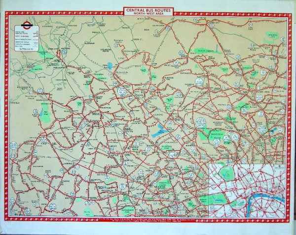 B G Lewis Central Bus Routes NW, NE, SE, & SW Area: B G Lewis Central Bus Routes NW, NE, SE, & SW Areas, Central and Trolley Bus Routes, and Greenline Coach Routes, printed for London Transport by Waterlow 1961, each 102 x 127 cm (6)