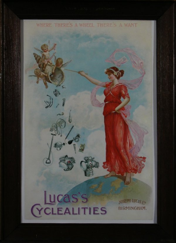 Anon circa 1902 Lucas's Cyclealities Where there's: Anon circa 1902 Lucas's Cyclealities Where there's a wheel there's a want, original lithograph advertisement - 73 x 46.5 cm The original stained wood frame stamped "Joseph Lucas Ltd Birmingham" is sol
