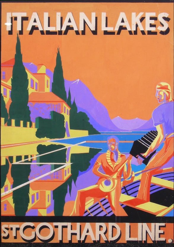 G D Oclee Design for a poster project Italien Lake: G D Oclee Design for a poster project Italien Lakes St Gothard Line, unsigned, gouache - 73 x 52 cm