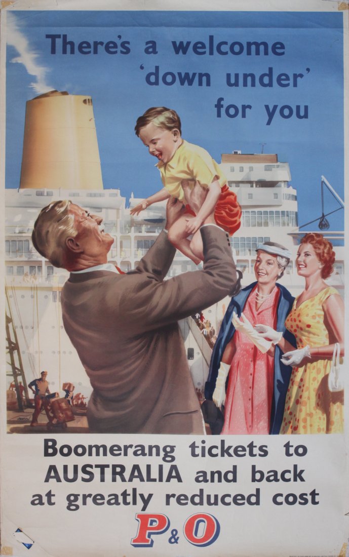 Johnston: P&O Boomerang Tickets to Australia: Johnston: P&O Boomerang Tickets to Australia There's a welcome down under for you original poster printed by Hubners c.1955 - 102 x 63 cm