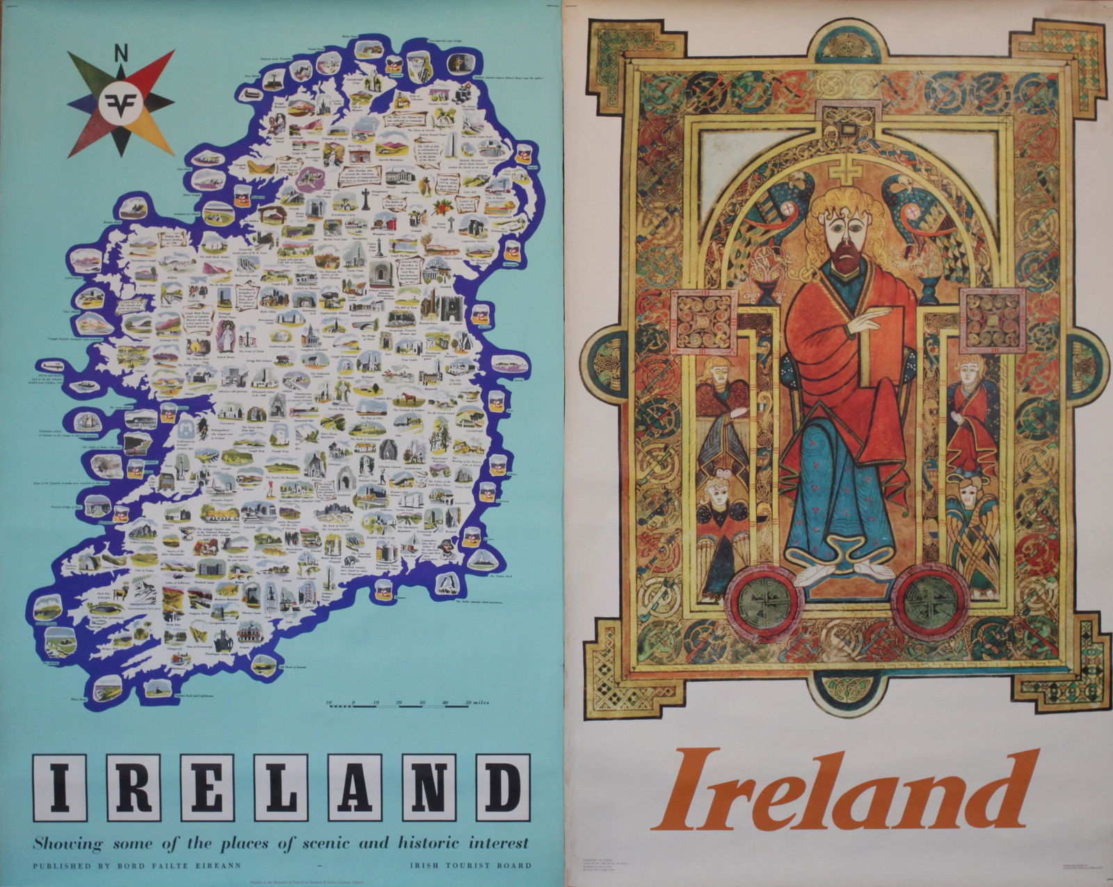 Ireland pictorial map showing places of interest: Ireland pictorial map showing places of interest original poster printed for Irish Tourist Board by Brown & Nolan c. 1960 - 102 x 63 cm and The Book of Kells original poster printed by Hely Thom 1964