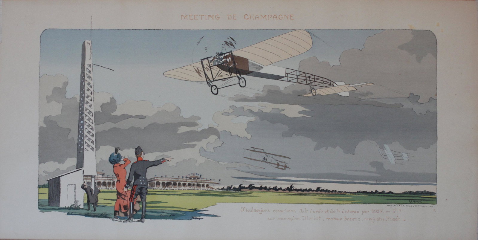 Gamy (Marguerite Montaut) Meeeting de Champagne: Gamy (Marguerite Montaut) Meeeting de Champagne Bleriot original pochoir lithograph printed by Mabileau Paris 1910 - 45 x 90 cm