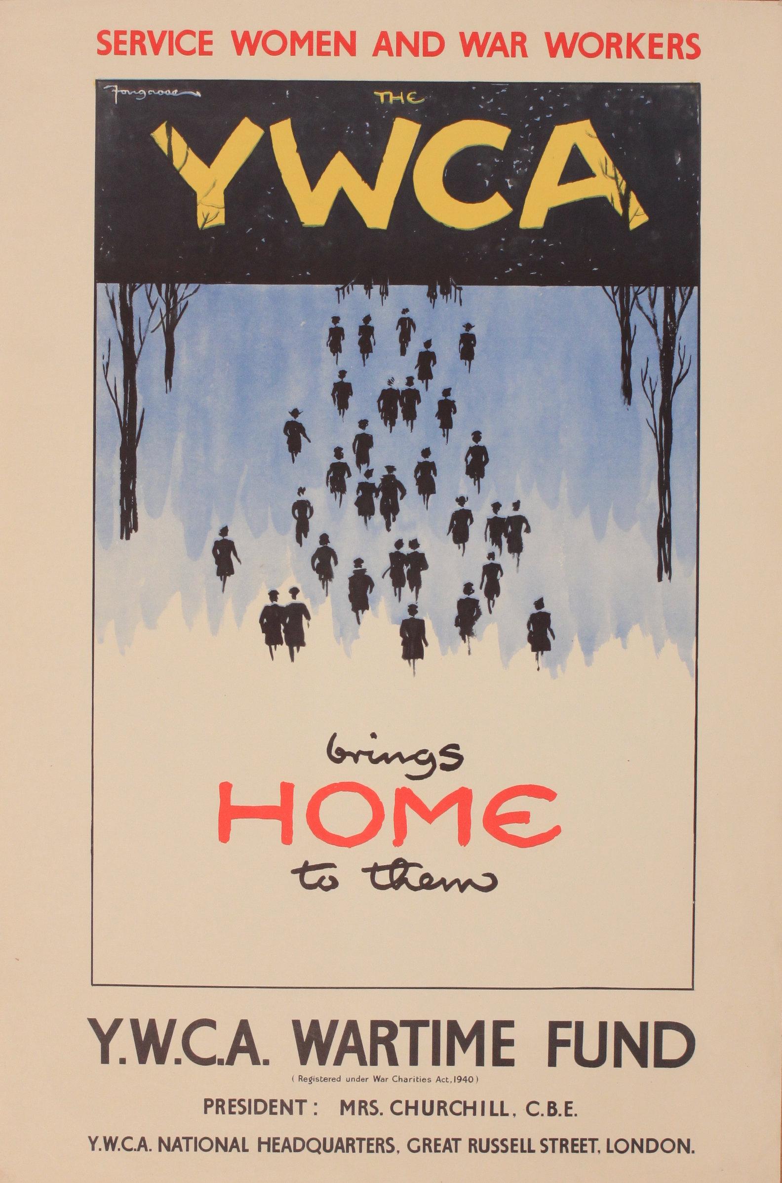 Fougasse (Kenneth Bird 1887-1965) The YWCA brings home: Fougasse (Kenneth Bird 1887-1965) The YWCA brings home to them Service Women and War Workers original poster printed c.1940 - 76 x 51 cm From the artist's estate and a design he did for the Charity wi