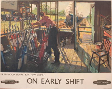 Terence Cuneo (1907-1996) On Early Shift: Terence Cuneo (1907-1996) On Early Shift Greenwood Signal Box original poster printed for BR(RE) by Waterlow c. 1948 - 98 x 123 cm