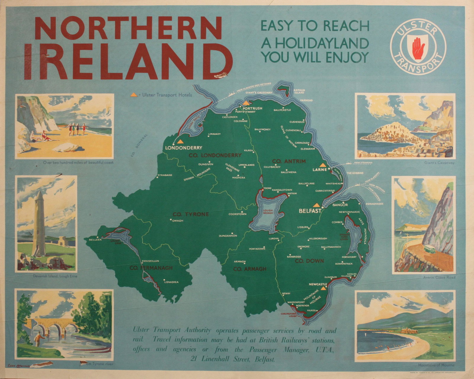 Lance Cattermole (1898-1992) Northern Ireland: Lance Cattermole (1898-1992) Northern Ireland original Ulster Transport poster showing map and vignettes of places to visit printed for UTA by Jordison c. 1950 - 102 x 127 cm