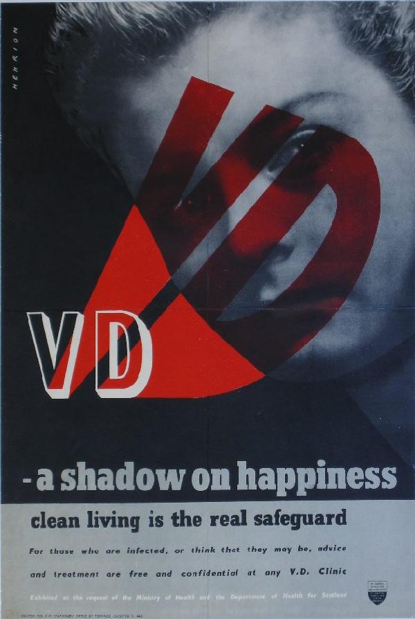 Henrion (Frederic Henry Kay 1914-1990) VD - a shad: Henrion (Frederic Henry Kay 1914-1990) VD - a shadow of happiness, original WW2 Ministry of Health poster printed for HMSO by Flemings - 76 x 51 cm