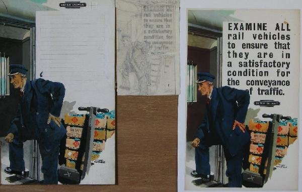 Frank Newbould (1887-1950) Claims Preventions No ,: Frank Newbould (1887-1950) Claims Preventions No , Examine all rail vehicles, original British Railways poster - 48 x 31 cm; together with the artist's original artwork - 51 x 32 cm and preliminary de