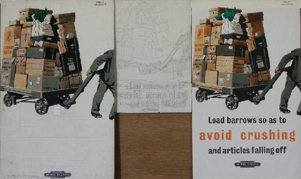 Frank Newbould (1887-1950) Claims Preventions No 5: Frank Newbould (1887-1950) Claims Preventions No 5, Avoid crushing, original British Railways poster - 48 x 31 cm; together with the artist's original artwork - 51 x 32 cm and preliminary design (3)