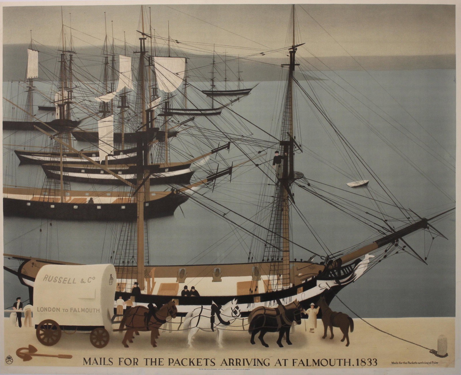 H S Williamson (Harold Sandys 1892-1978) Mails for the: H S Williamson (Harold Sandys 1892-1978) Mails for the Packets arriving at Falmouth, 1833, GPO poster PRD 95 printed by Jordison 1934 - 102 x 127 cm
