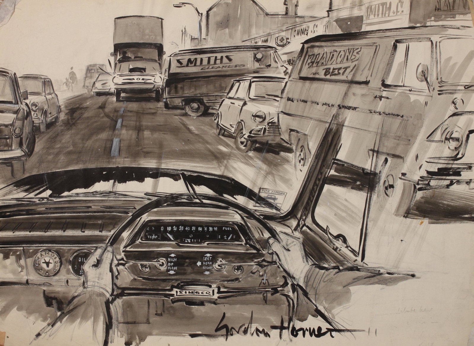 Gordon Horner (1915-2006) Look Out No 34 ambiguity the: Gordon Horner (1915-2006) Look Out No 34 ambiguity the drivers view of the road ahead, Singer, signed watercolour 1966 - 55 x 72 cm From a series published in the Autocar magazine 27.5.1966