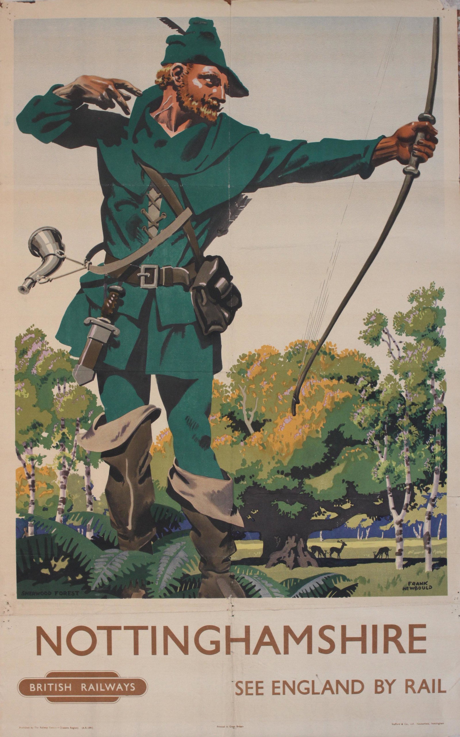 Frank Newbould (1887-1951) Nottinghamshire (Robin: Frank Newbould (1887-1951) Nottinghamshire (Robin Hood), original poster printed for LMR by Stafford 1950 - 102 x 63 cm