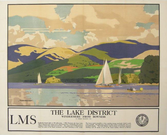 Norman Wilkinson (1878-1971) The Lake District Win: Norman Wilkinson (1878-1971) The Lake District Windermere from Bowness, original poster printed for LMS by Staffords c 1935 - 102 x 127 cm