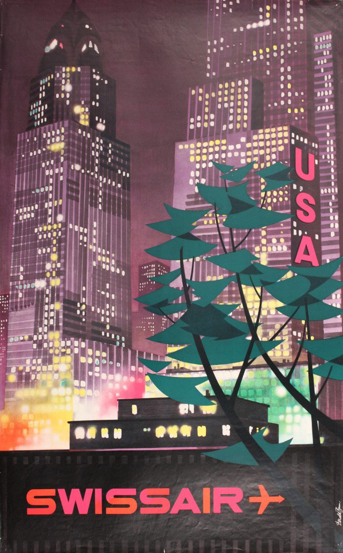 Donald Brun (1909-1999) Swissair USA, original pos: Donald Brun (1909-1999) Swissair USA, original poster printed by Wolfsbergdruck - 102 x 64 cm