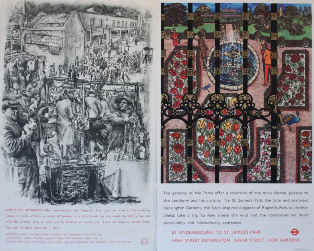 Una and Alan Lindsay The gardens of the parks, ori: Una and Alan Lindsay The gardens of the parks, original poster printed for London Transport by Curwen 1966 - 102 x 63 cm; and another "Country Markets" by Hofbauer 1962 (2)