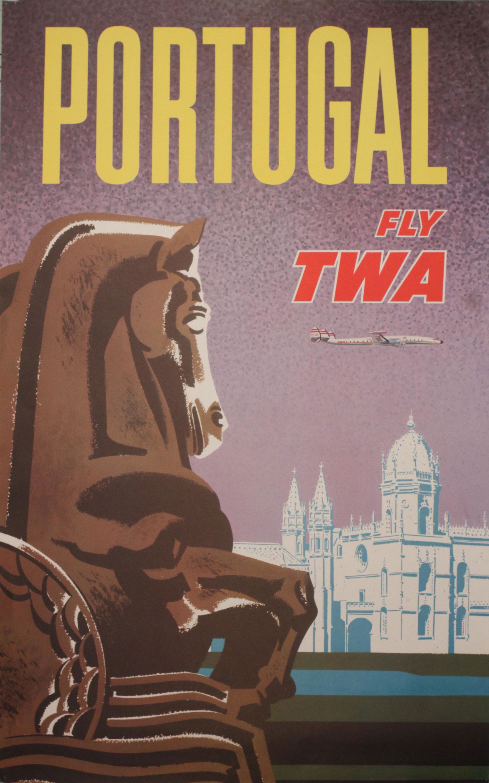 David Klein (1918-1905) Portugal Fly TWA Hippocampus, original poster printed in USA c.1950 - 101 x: David Klein (1918-1905) Portugal Fly TWA Hippocampus, original poster printed in USA c.1950 - 101 x 64 cm
