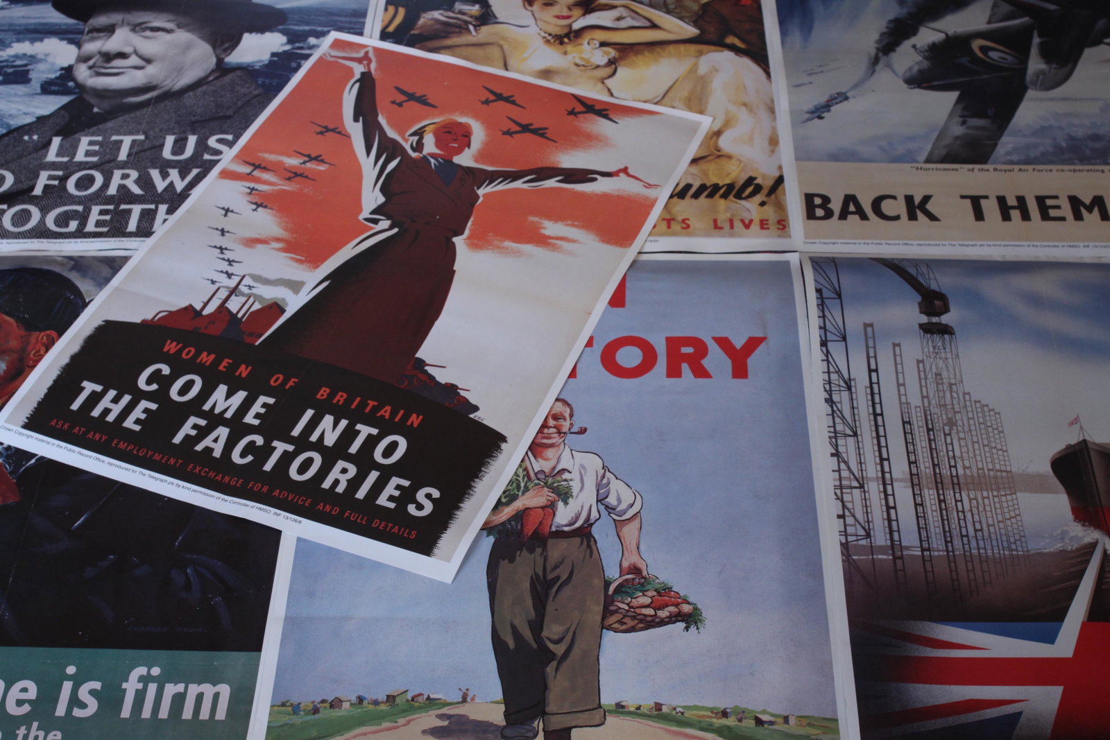World War 2, HMSO famous reproduction posters six including Zec Women of Britain, Churchill and Back: World War 2, HMSO famous reproduction posters six including Zec Women of Britain, Churchill and Back Them Up, printed for the Telegraph c.1980, each - 76 x 51 cm (6)