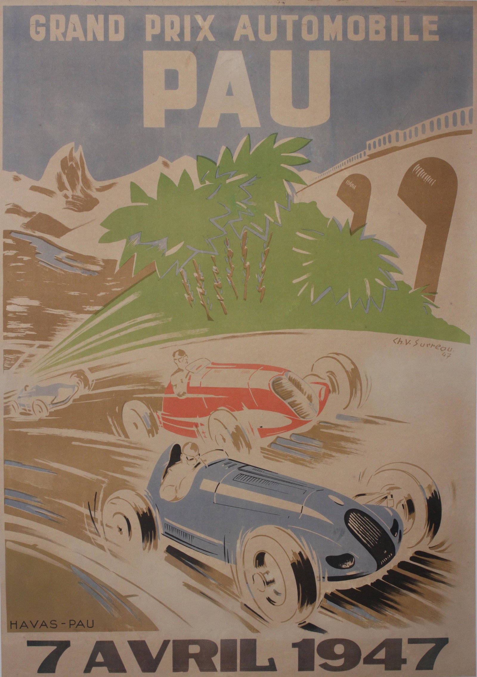 Ch V Surreau Grand Prix Automobile Pau Lundi 7 Avril 1947, original poster printed by Havas 1947 -: Ch V Surreau Grand Prix Automobile Pau Lundi 7 Avril 1947, original poster printed by Havas 1947 - 110 x 78 cm