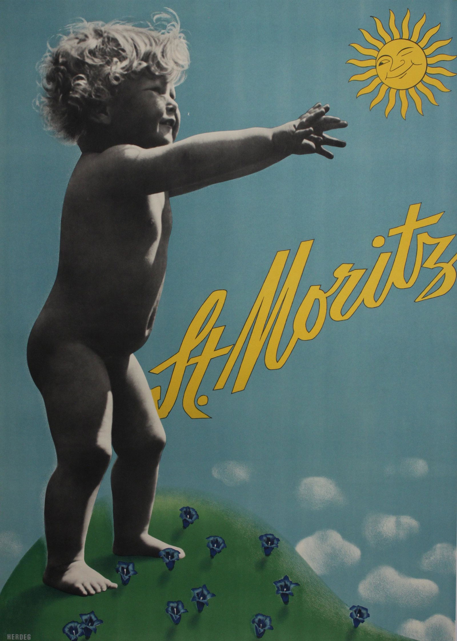 Alb Steiner St. Moritz, (baby reaching out to sunburst) original photo montage poster printed by (1 of 1)