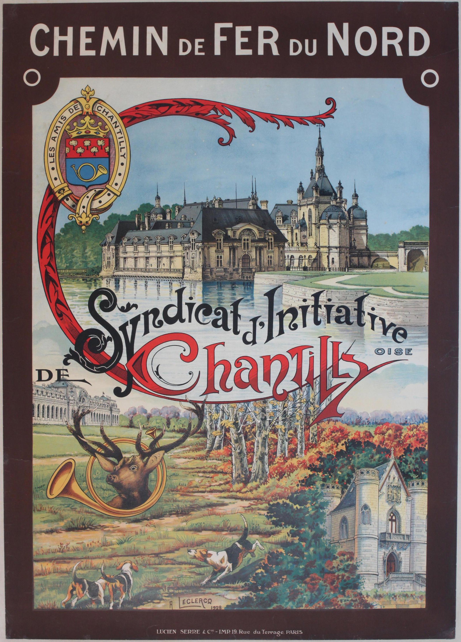 L Leclerco Chantilly, original poster printed for Chemin der fer du Nord by Lucien Serre 1923 - 105: L Leclerco Chantilly, original poster printed for Chemin der fer du Nord by Lucien Serre 1923 - 105 x 75 cm