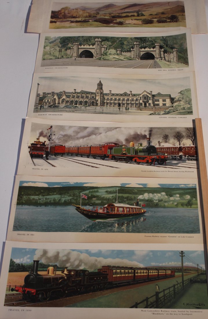 C Hamilton Ellis (1909-1987) Travel In Series, 1870, 1885, 1890, three carriage prints printed by BR: C Hamilton Ellis (1909-1987) Travel In Series, 1870, 1885, 1890, three carriage prints printed by BR (LMR) 1951, each - 25 x 63 cm; Kenneth Steel (1906-1970) Railway Architecture, BR (LMR) two Carriag