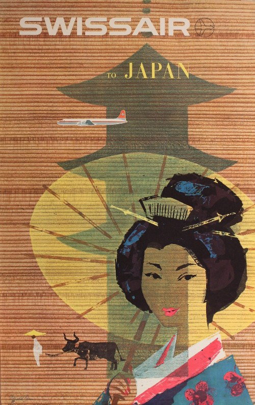 Donald Brun (1909-1999) Swissair to Japan, origina: Donald Brun (1909-1999) Swissair to Japan, original poster printed by Muller - 102 x 64 cm