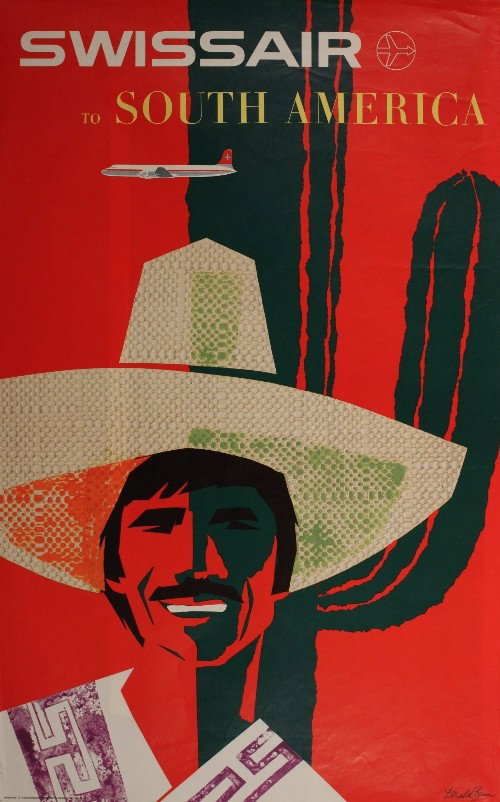 Donald Brun (1909-1999) Swissair to South America,: Donald Brun (1909-1999) Swissair to South America, original poster printed by Rodo Sadag - 102 x 64 cm