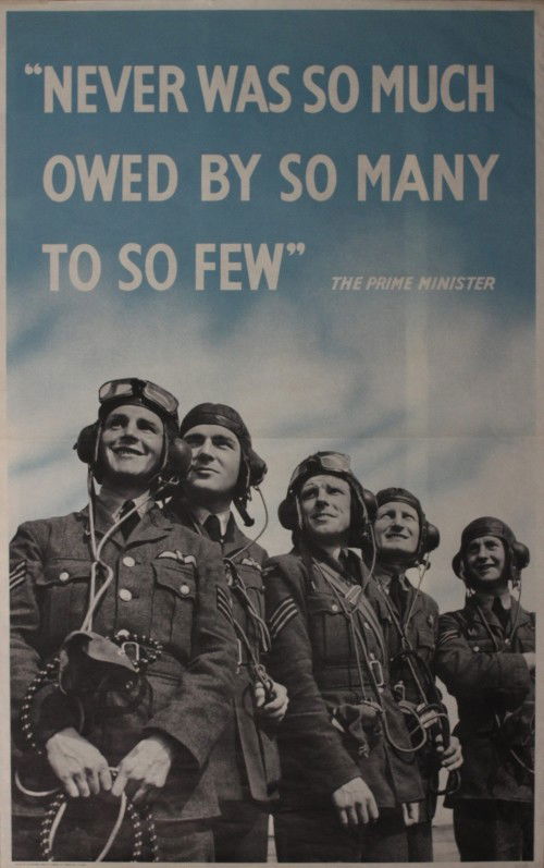 "Never was so much owed by so many to so few", ori: "Never was so much owed by so many to so few", original WW2 photographic poster, printed for HMSO by J Weiner 1940 - 102 x 64 cm The poster being sold is in the rare double royal (40 x 25 in) format.