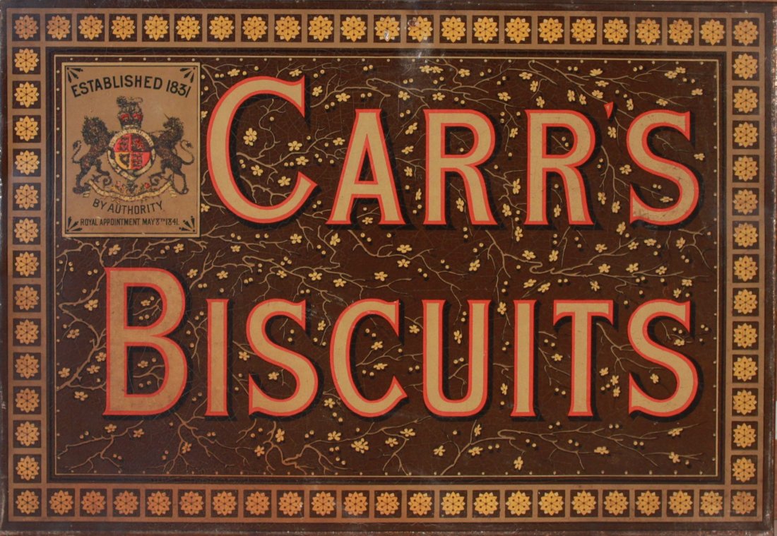 Late 19th Century printed tin advertising sign for : Late 19th Century printed tin advertising sign for Carr~s Biscuits, original card backing - 33 x 48 cm