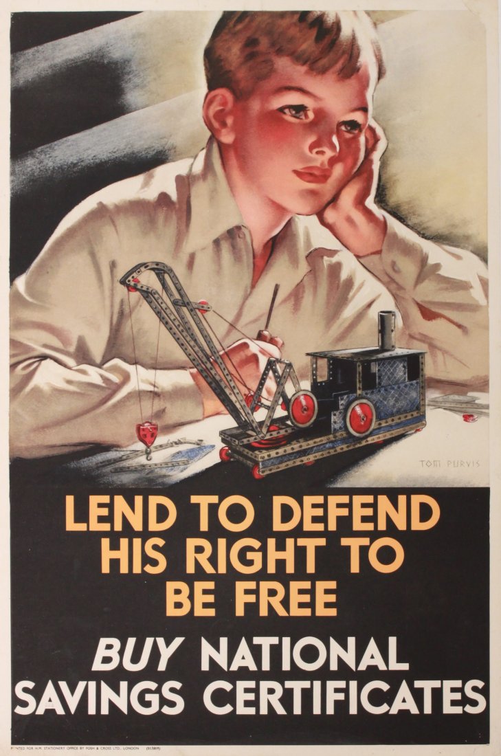Tom Purvis (1888-1959) Lend to Defend the Right to: Tom Purvis (1888-1959) Lend to Defend the Right to be Free, original poster printed for HMSO by Fosh & Cross - 76 x 51 cm Provenance: The vendors mother who was in the Women's Royal Naval Service in W